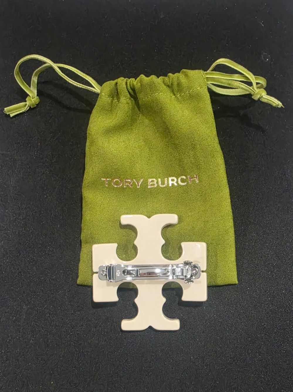 NWT Tory Burch Ivory Enamel & Crystal Double T Hair Clip + Pouch